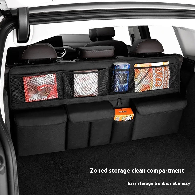 Multifunctional mesh pocket car storage box in black Oxford cloth with hanging straps