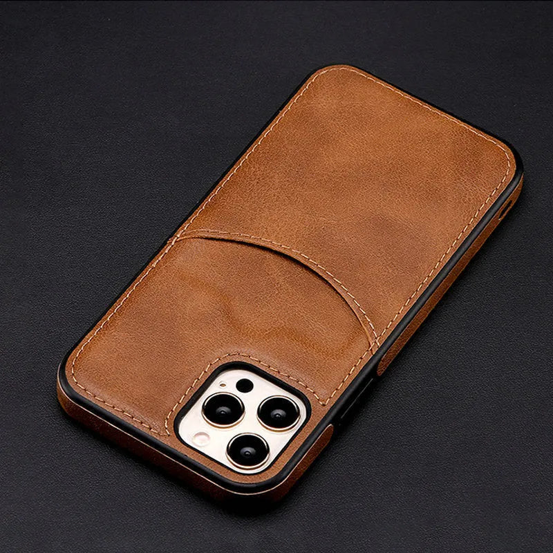 Dark blue PU leather protective case fitted on an iPhone showing textured finish and precise button cut-outs.