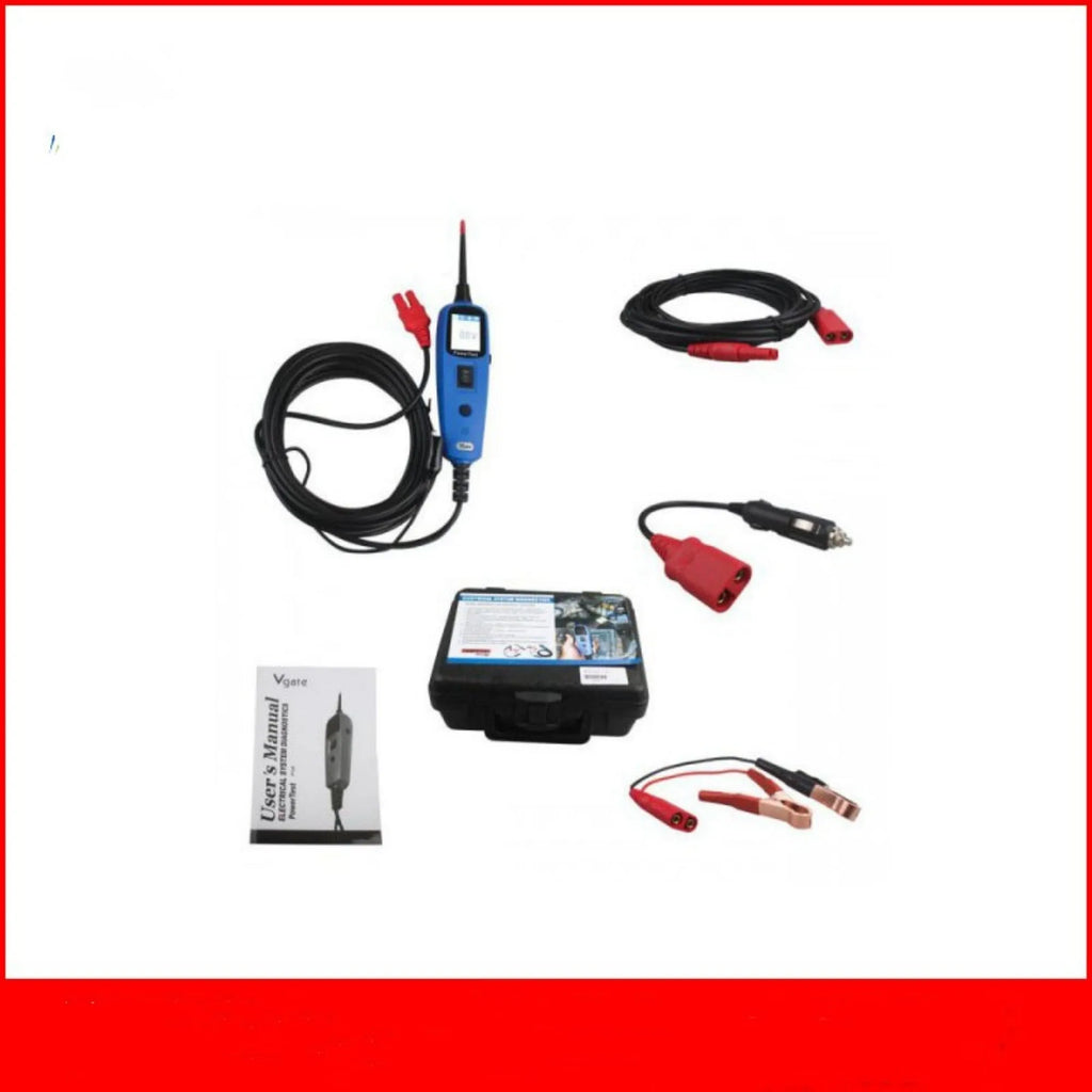 Blue automotive power circuit test pen with TFT display, extension cable, and accessories in blow moulded case