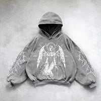 Hooded printed cotton sweatshirt in black or grey with hand-painted pattern, streetwear hip hop style, sizes M to XXL