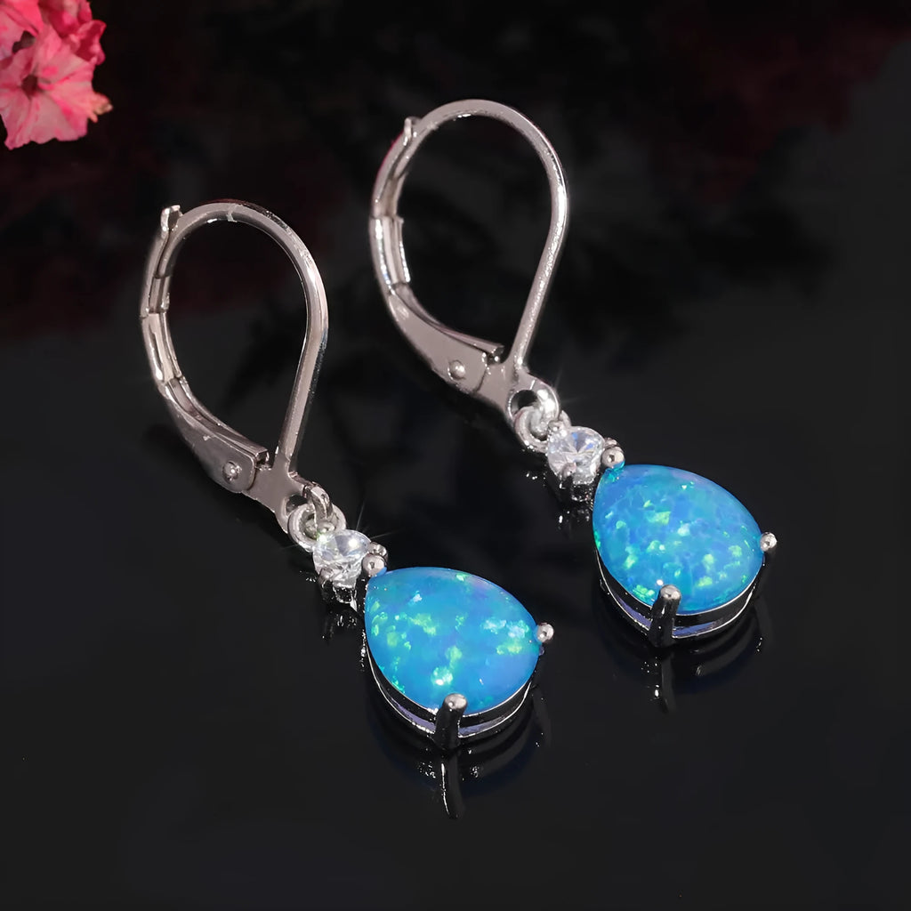 Blue water drop earrings for women with leaf, U-shaped and geometric copper zircon design