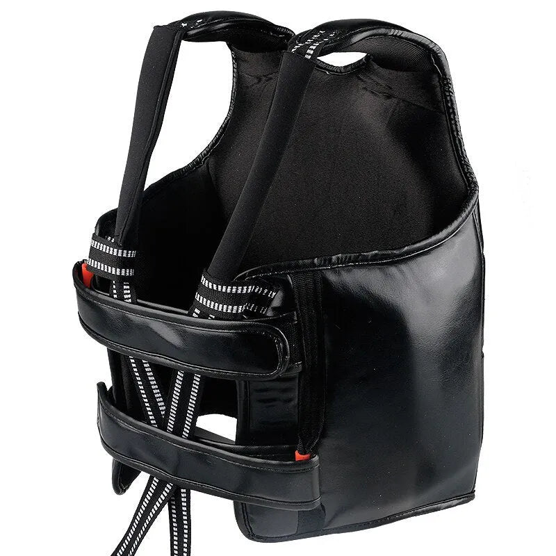 Boxing chest protector made of PU leather with EVA liner, in black, with straps and padding.