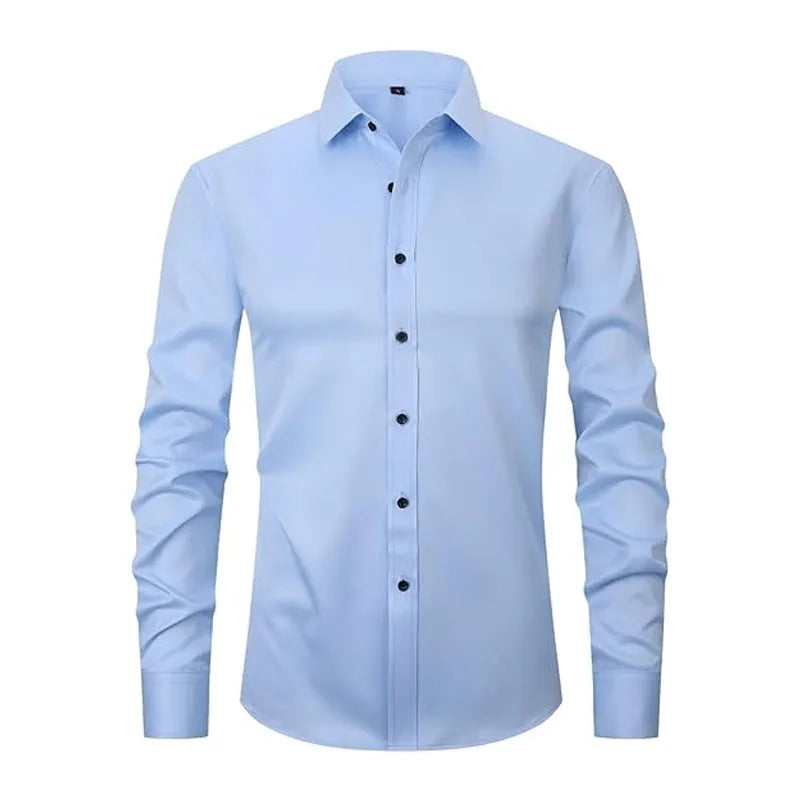 Men's long sleeve work shirt in stretch polyester fabric shown in a variety of colours.