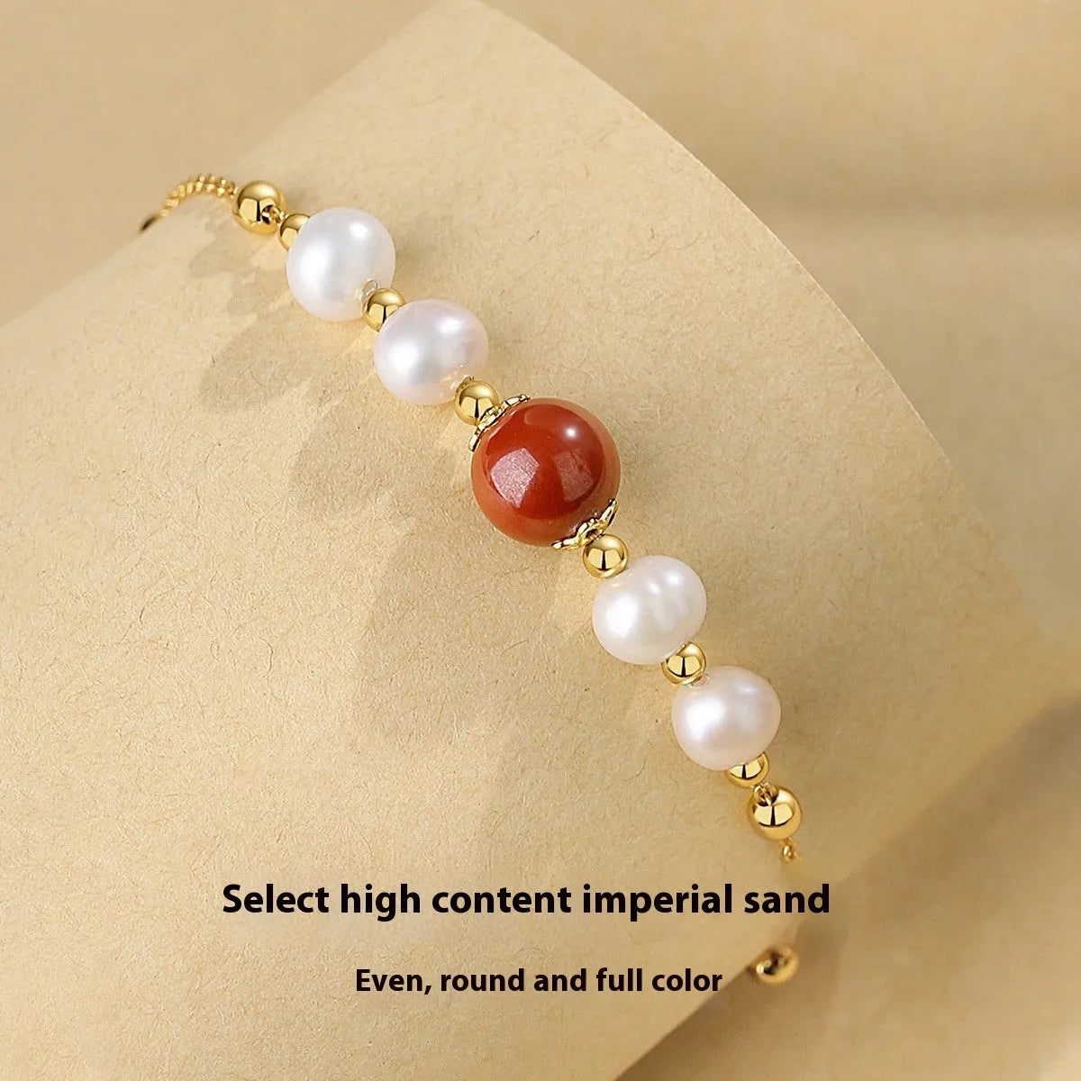 Yellow-finished 925 silver bracelet with red bean and pearl beads in retro style for women