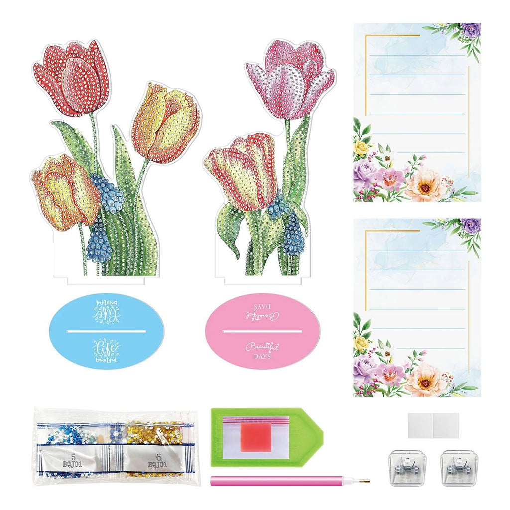 Handmade diamond painting decorative note clip on a desk holding a memo.