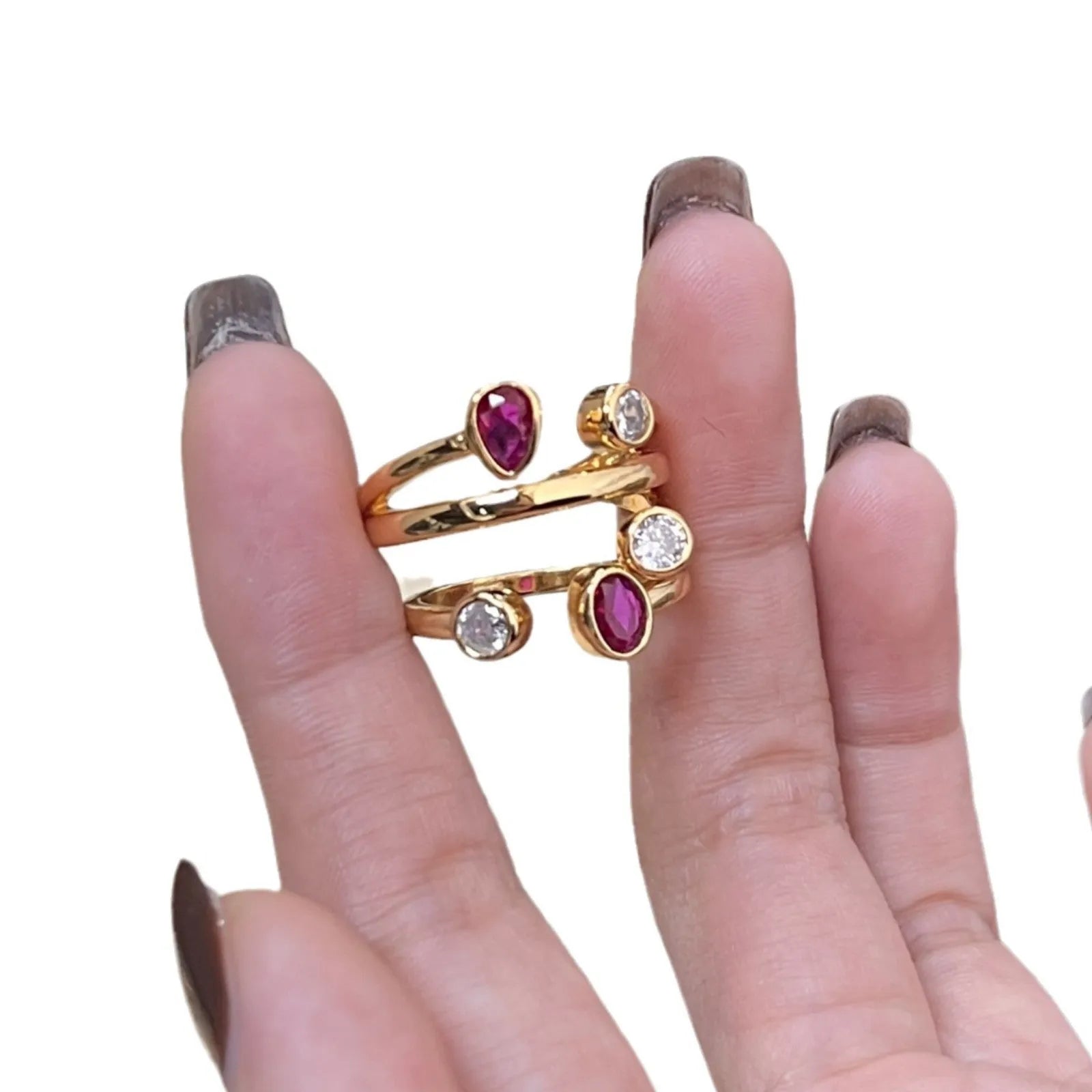 Geometric retro diamond ring with irregular cross design in two-tone electroplated finish