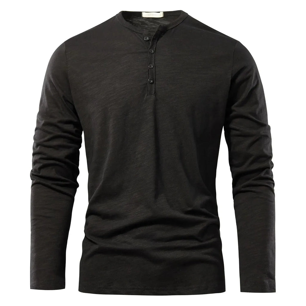 Men's solid colour slub cotton long-sleeved pullover top in army green, front view, casual fit, no hood