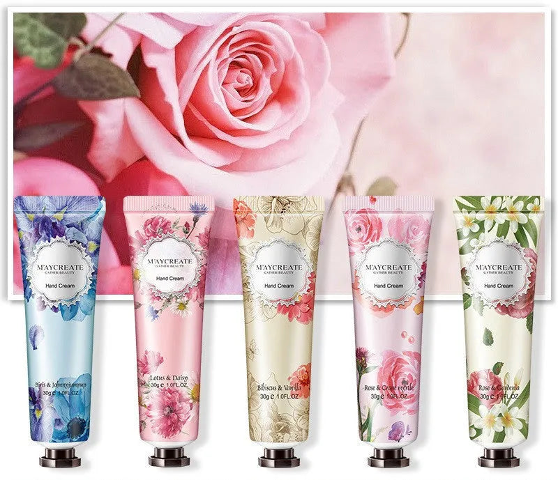 Hand cream tube with floral fragrance, 30g net content, moisturising paste