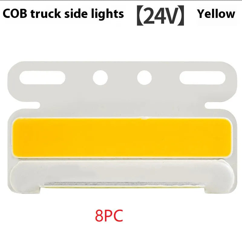 Waterproof aluminium alloy LED side light for trucks, showing bright COB illumination in blue, mounted near a vehicle tyre.