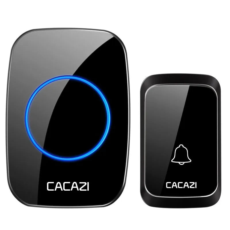 Wireless battery-powered DC doorbell with 300 metre range, waterproof transmitter, black or white, includes receiver