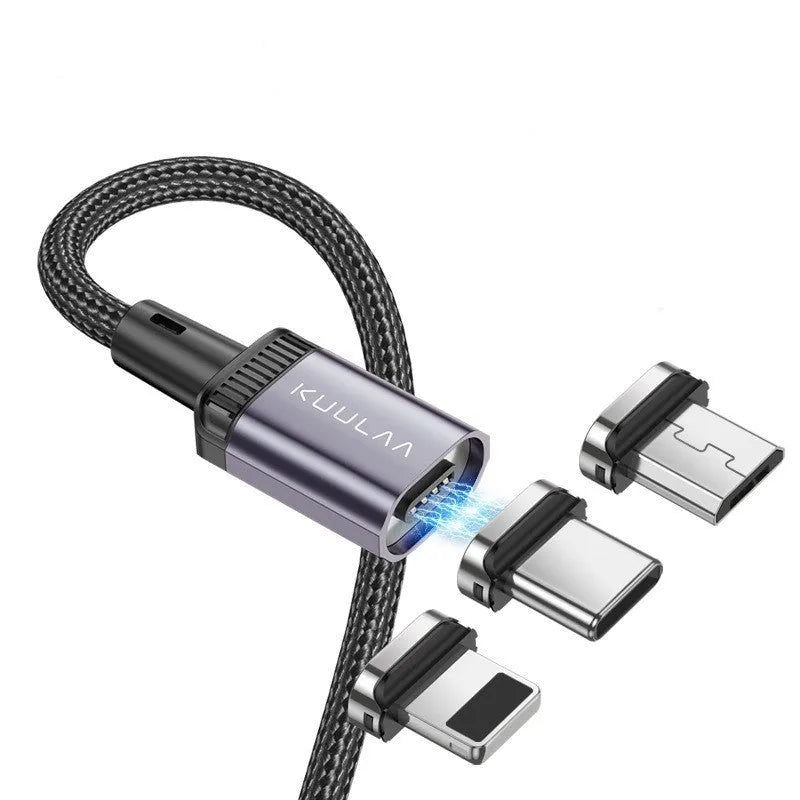 3-in-1 magnetic data cable with woven braid, aluminum alloy connector, Lightning Micro USB Type-C ports in black