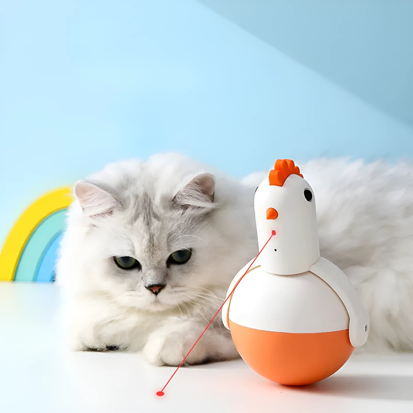 Electric chicken-shaped cat toy with infrared sensor and self-balancing system in green or orange colour
