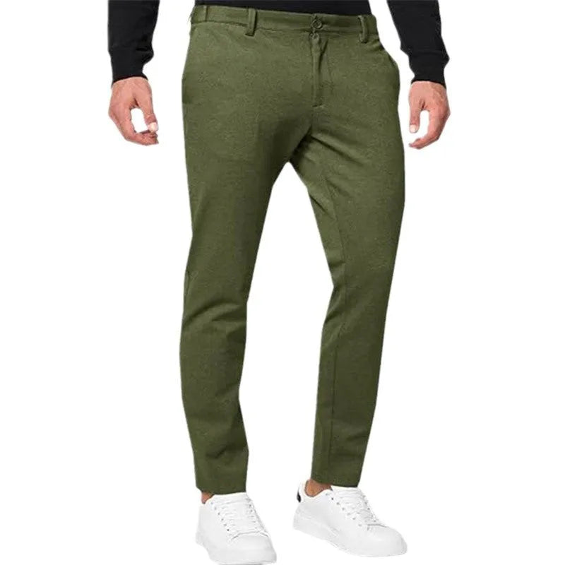 Men's slim-fit tapered chino trousers in a cotton-blend fabric, shown in solid colour options.