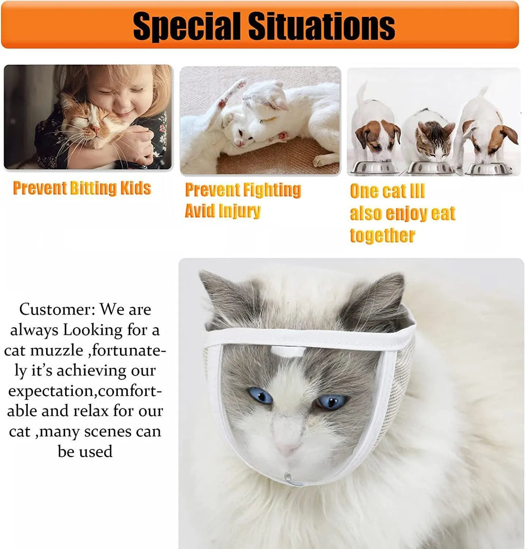 Clear transparent cat muzzle with breathable cotton construction and central breathing hole