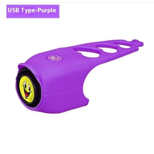 Electronic bicycle horn with plastic housing in six colour options showing compact dimensions for handlebar mounting