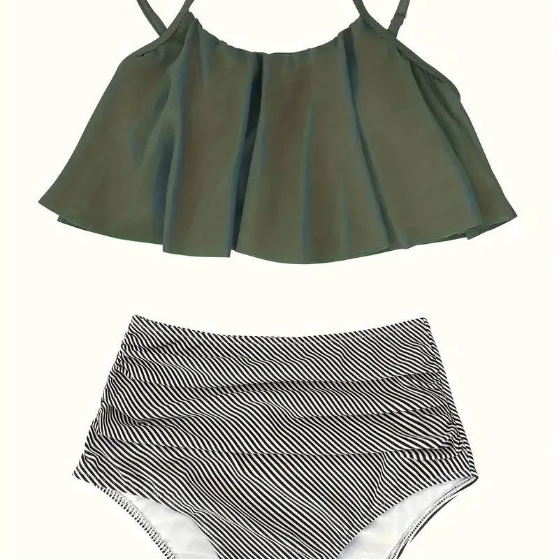 Women's conservative high-waisted swimsuit with ruffle detail and split bottom in polyester fabric