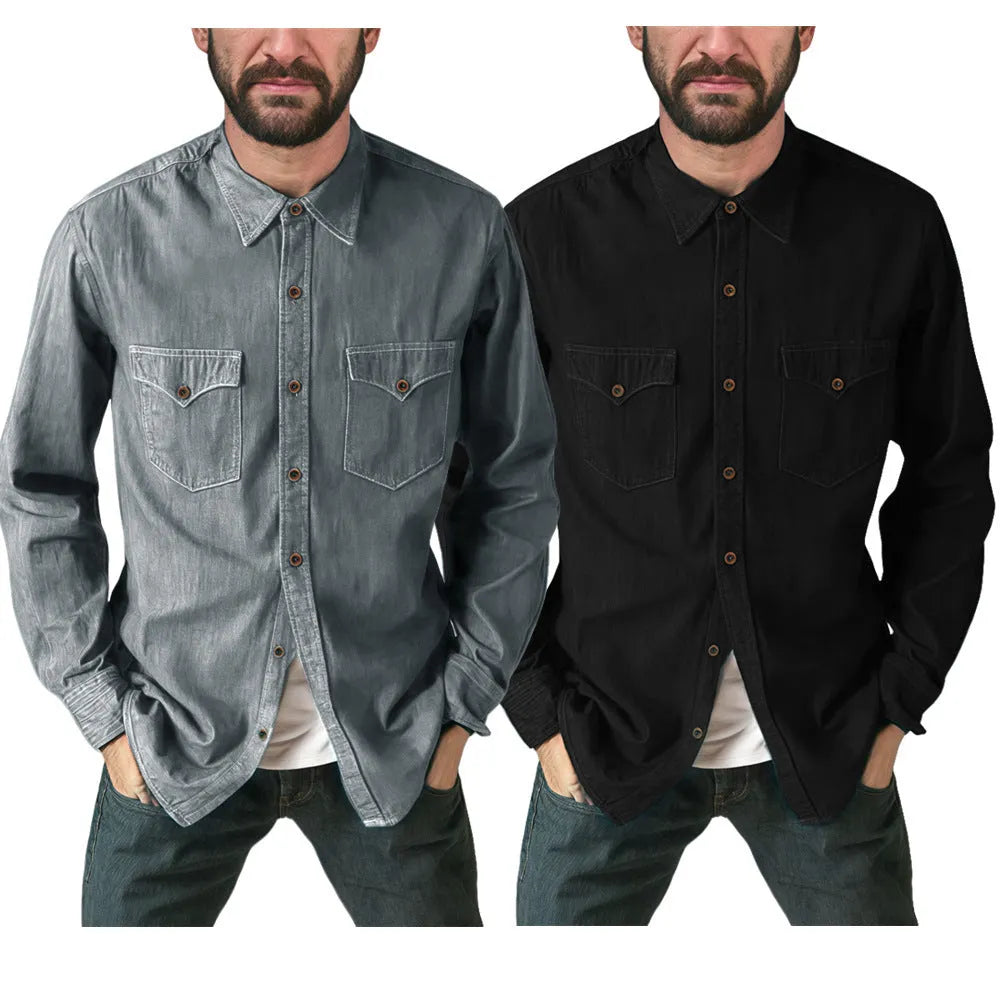 A denim cardigan coat shown in khaki, available in sizes S to 3XL.
