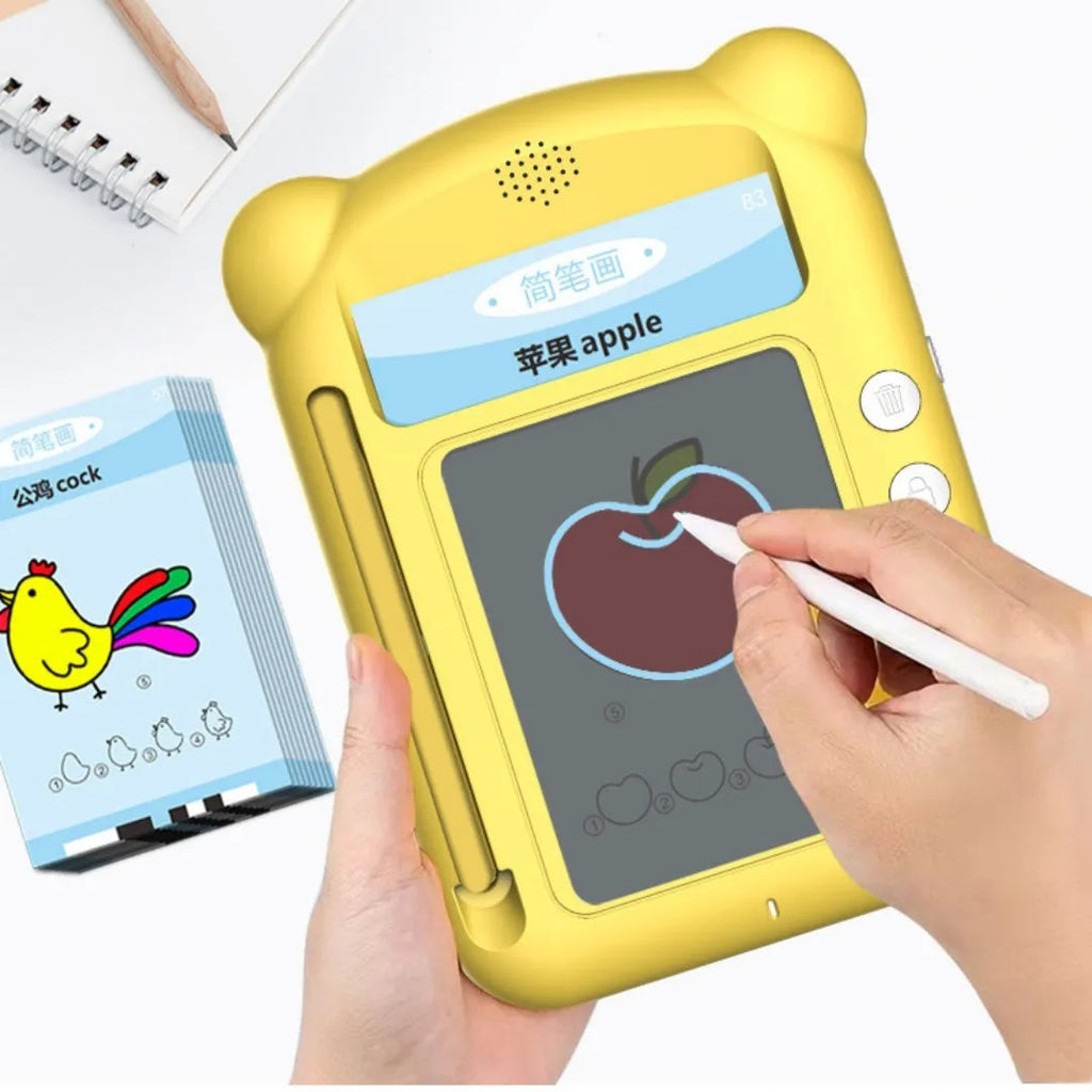 Yellow Creative Stick Figure Early Learning Machine with educational cards for bilingual child development