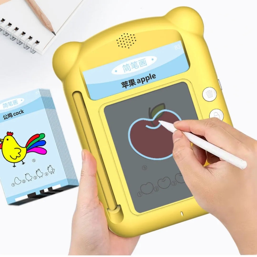 Yellow Creative Stick Figure Early Learning Machine with educational cards for bilingual child development