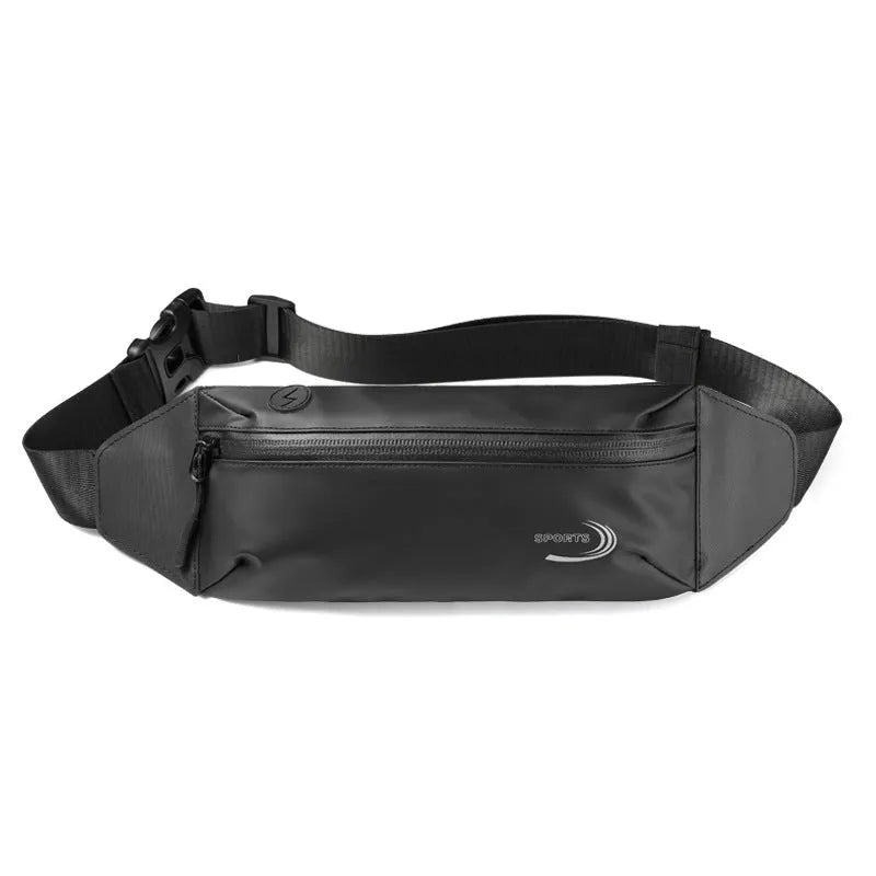 Men's black waterproof Derm Oxford polyester waist bag with belt strap, showing front compartment.