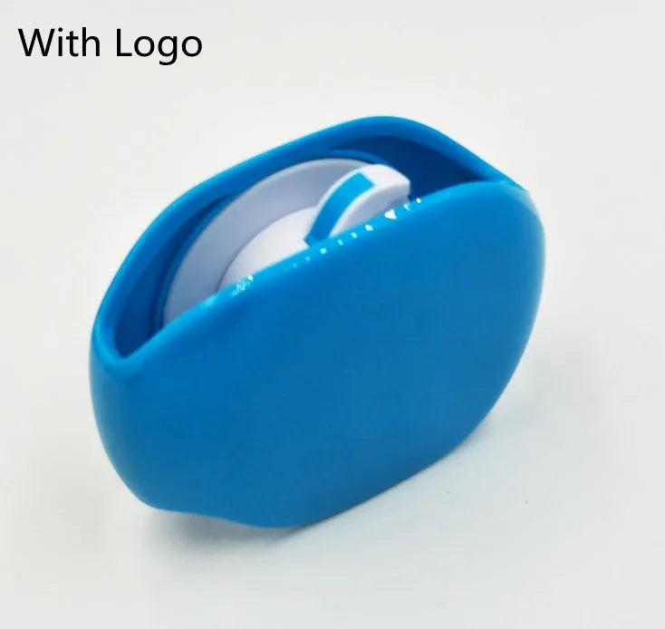 Compact automatic earphone winder in multiple colours on a grey background, showing extended cable.