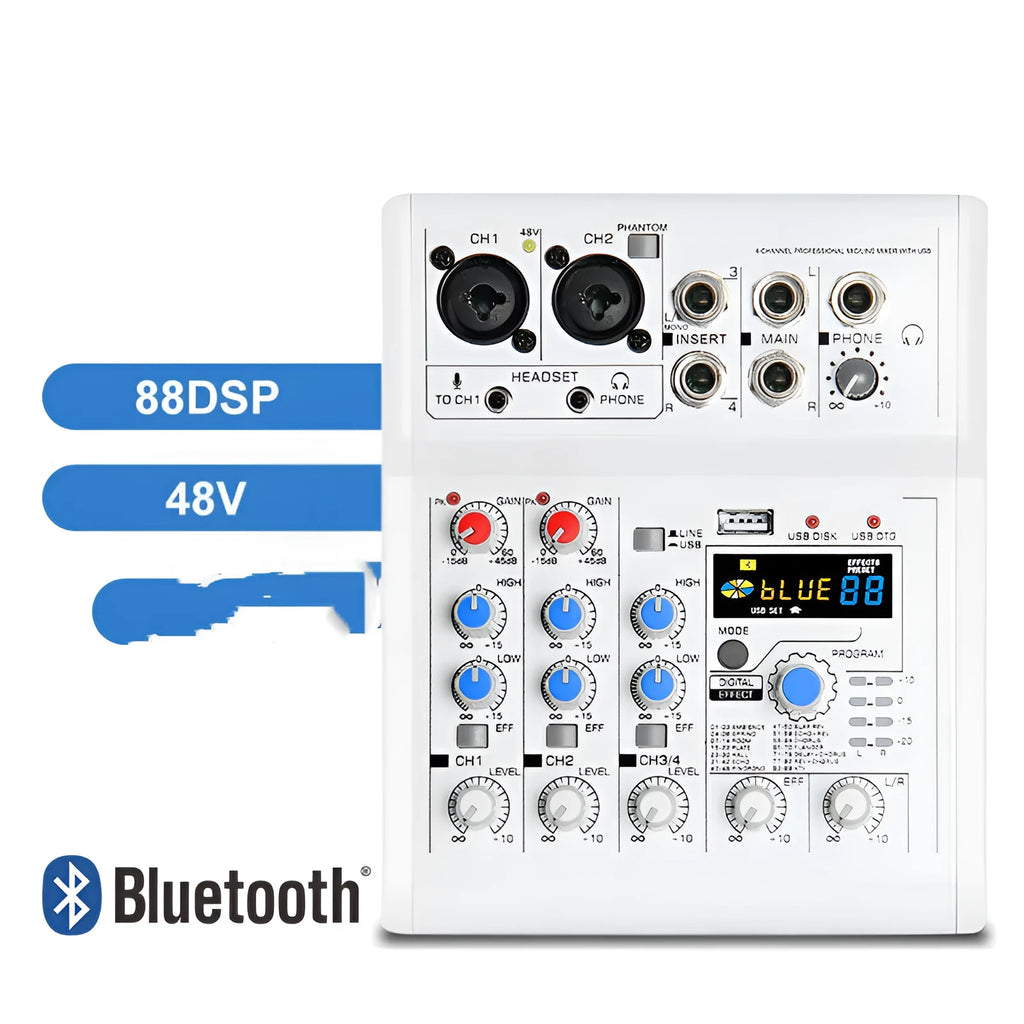Mancheze4 Mini 4-channel Bluetooth mixer in white with metal body