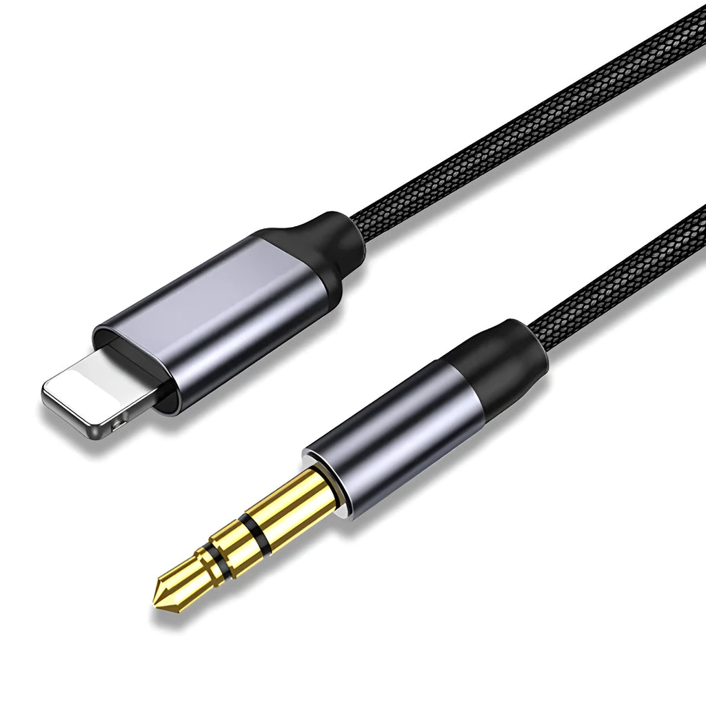 Silver nylon audio cable with 3.5mm connectors on a plain background.