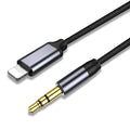 Black and silver woven nylon 3.5mm auxiliary audio cable with 0.5m, 1m, and 1.5m length options.
