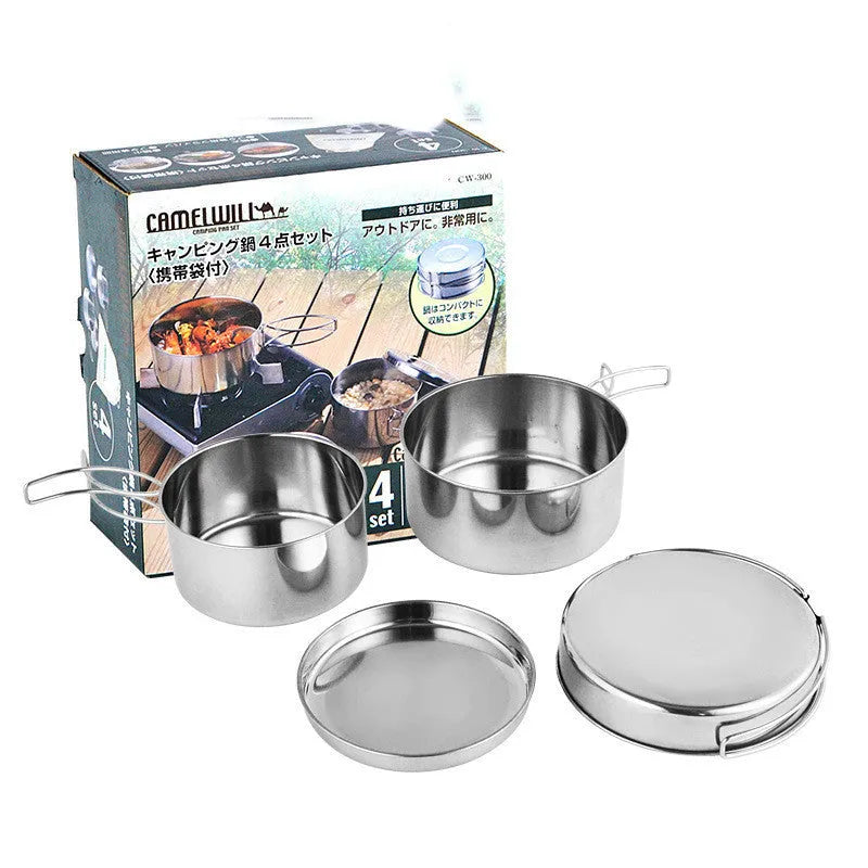 Silver stainless steel camping cookware set with 4 round pots for outdoor cooking
