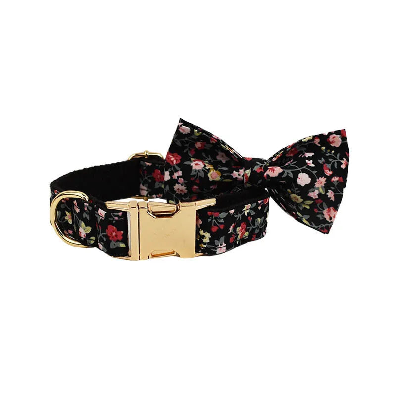 Four-piece pet accessory set with dog collar, leash, removable bow, and printed vest in cloth material