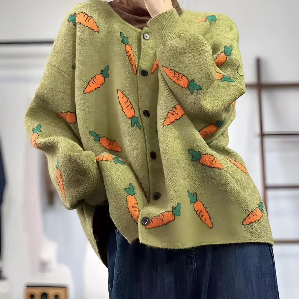 Grey loose cardigan with colourful Mori artistic printing and a round neck.
