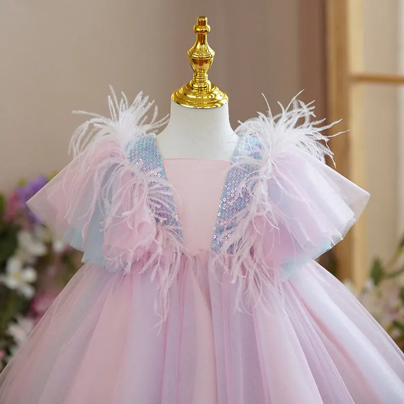 Girls' high-end princess dress in pink and blue for flower girls, polyester fibre, 80-160cm