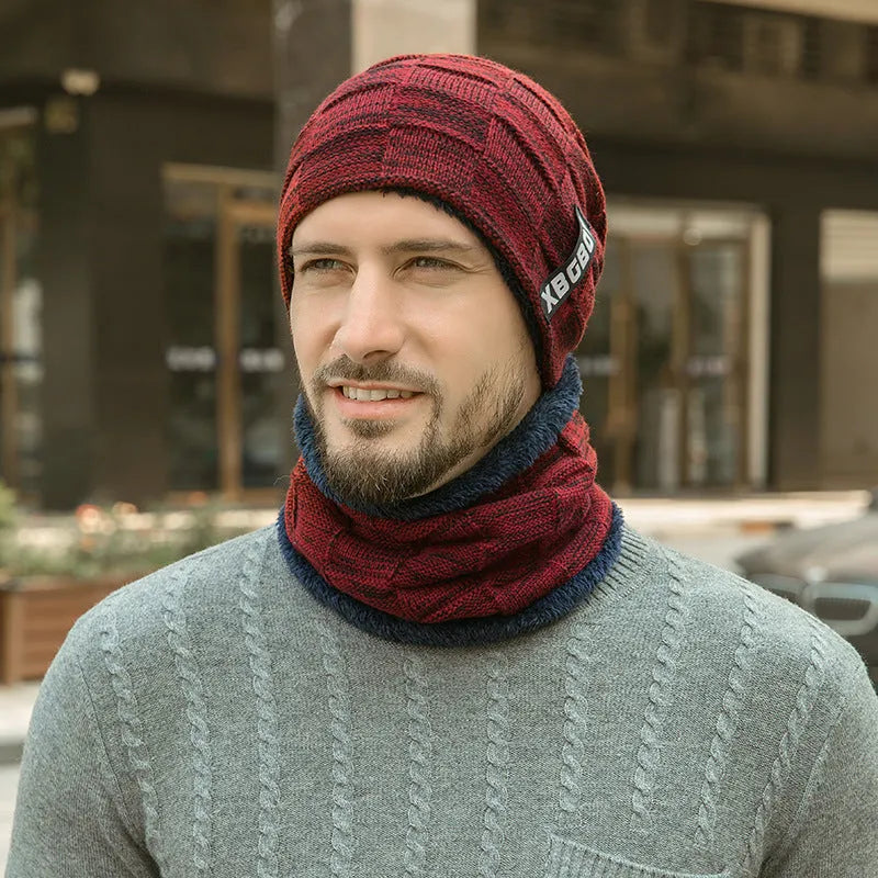 Wool knit hat and collar set in Black, Grey, Khaki, Navy and Wine Red with unisex warp knit design