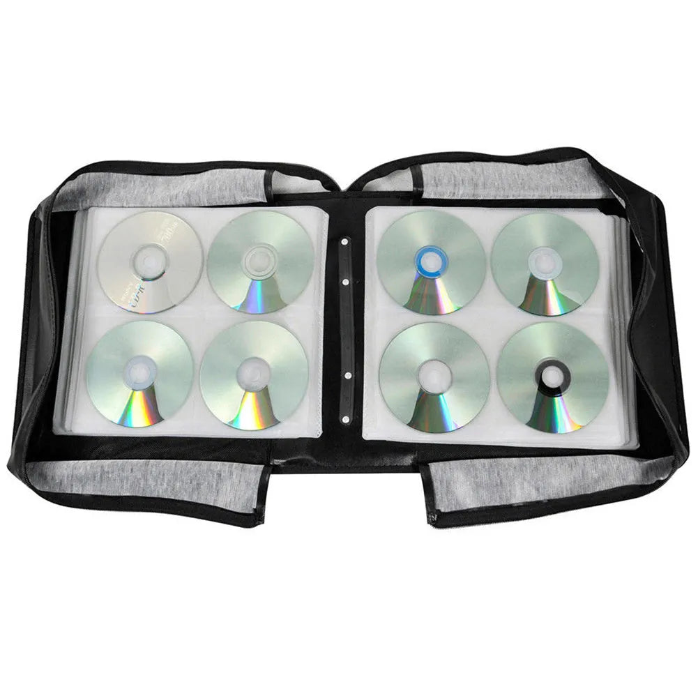 Black Oxford fabric CD organiser with zipper closure and top hand strap for media storage