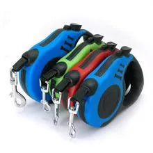 Automatic telescopic pet traction rope with one-handed braking, TPE PP handle, nylon lead, and metal buckle in blue, red, yellow, or green