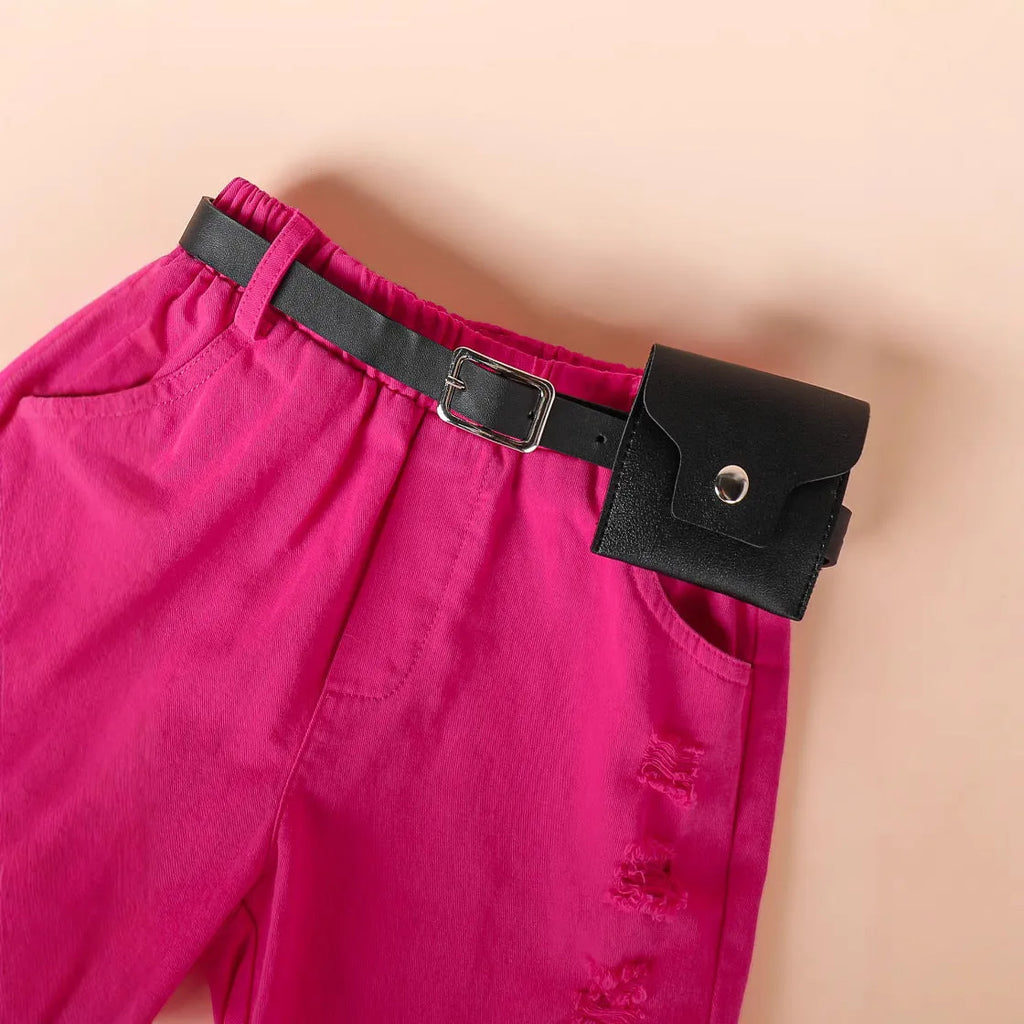 Girls rose red short-sleeved T-shirt with denim shorts and belt outfit set for 4Y to 7Y