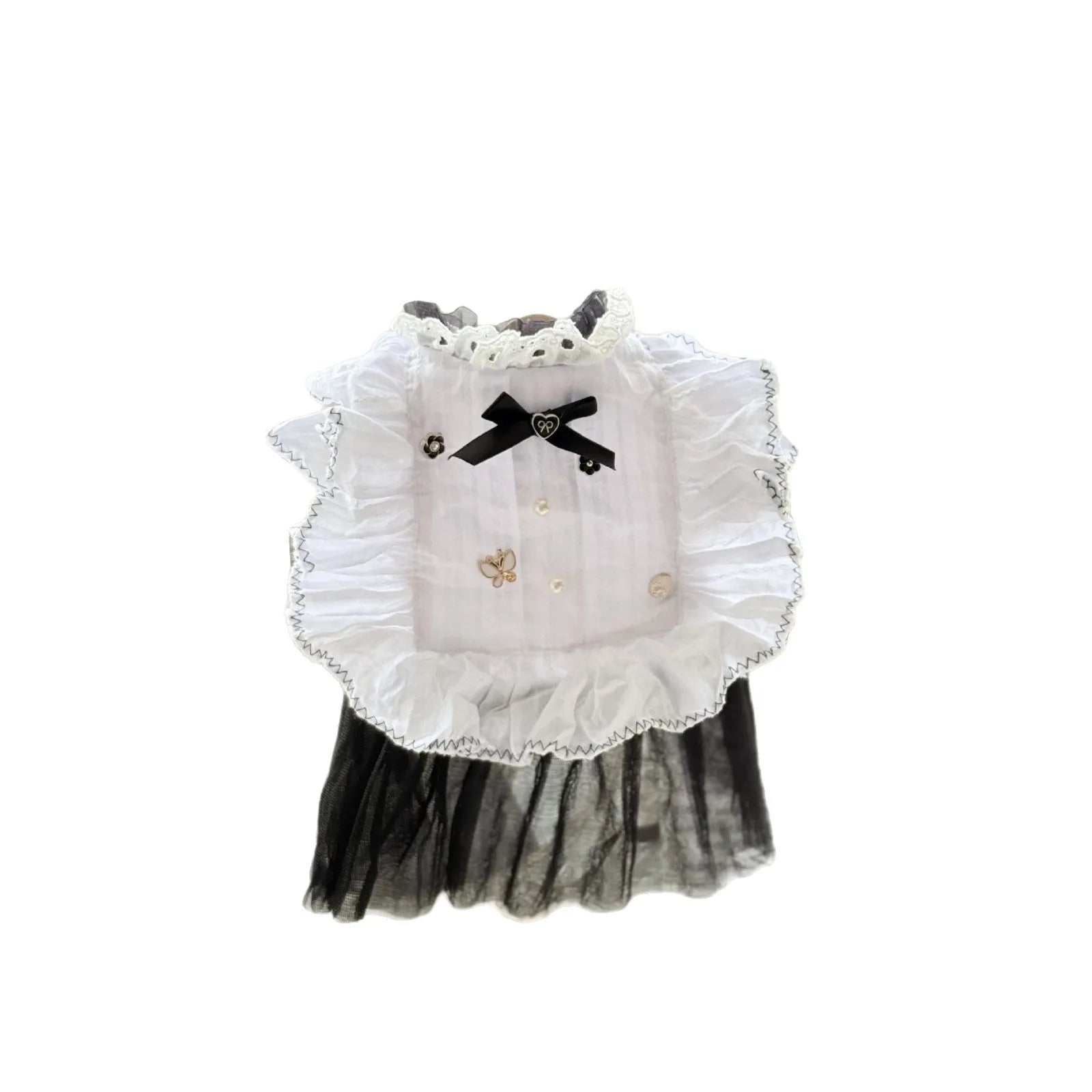 White princess-style dog dress with a gauze yarn skirt on a small dog, showing fit and style.