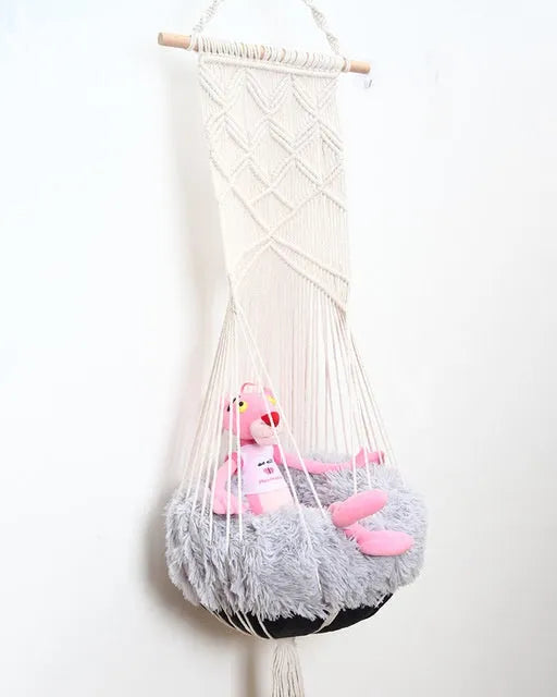 Handmade macrame cotton rope pet swing cage bed in rectangular plain European style for indoor use