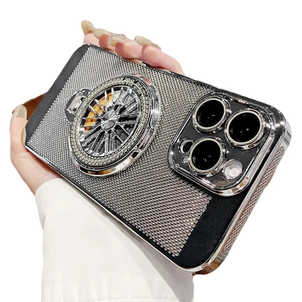 Electroplating gyro bracket phone case for iPhone with breathable heat dissipation, silver, PC material