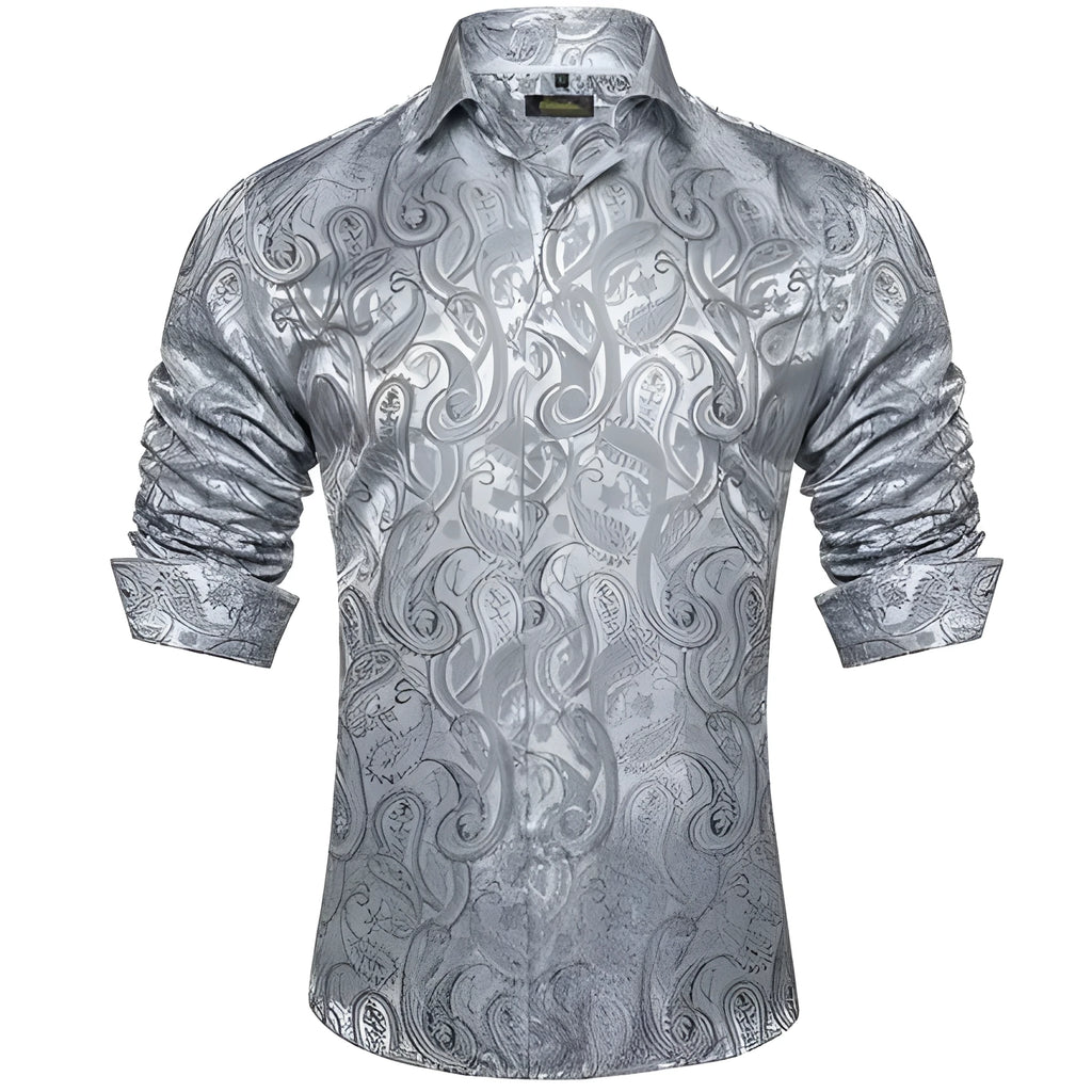 Men's polo collar long sleeve button top shirt with floral pattern, four-way stretch polyester, available in sizes S to 5XL