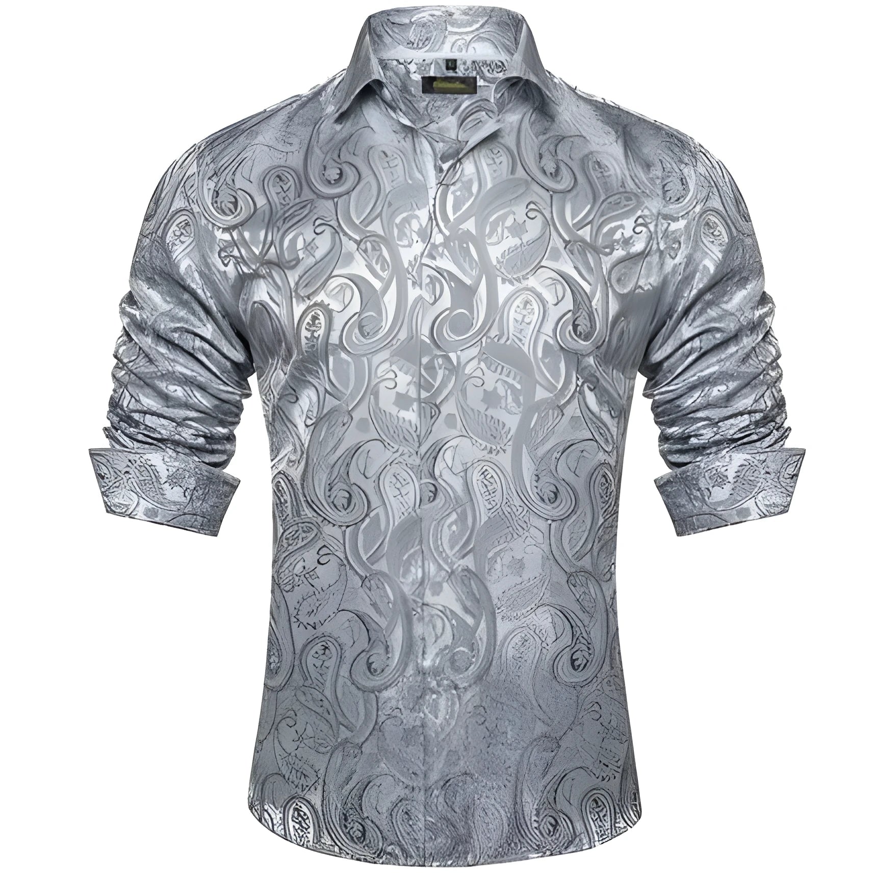 Men's polo collar long sleeve button top shirt with floral pattern, four-way stretch polyester, available in sizes S to 5XL