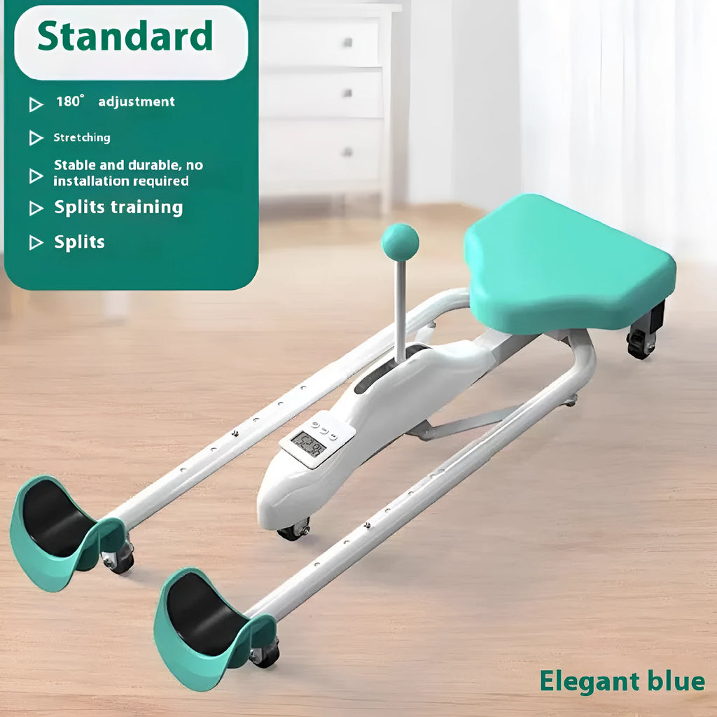 Steel pipe leg opener stretching tool in blue colour with foam padding.