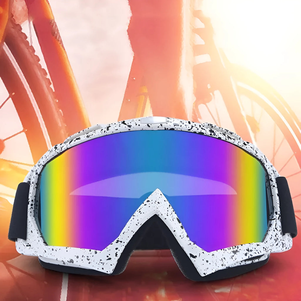 Motorcycle CrossCountry goggles with pure TPU full rim frame, windproof design, and frame colour swatches