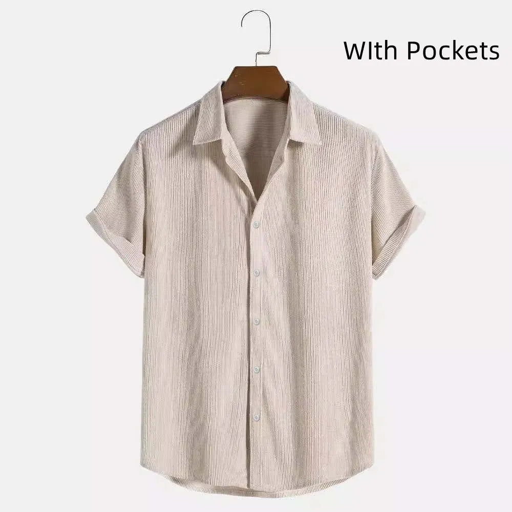 Men's casual solid colour shirt in pink, with pockets, made of polyester fiber, shown on a model.
