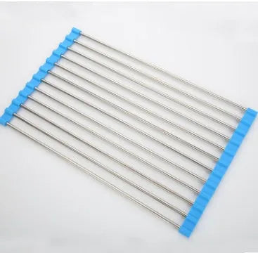 Folding stainless steel and plastic kitchen sink drain rack in blue, shown extended for use and collapsed for storage.