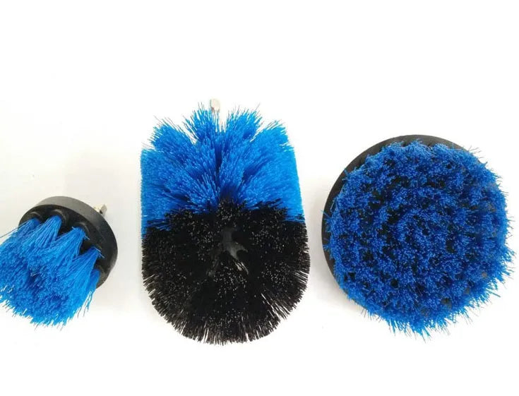 Three nylon drill brushes in different sizes for cleaning bathroom, tile and grout surfaces.