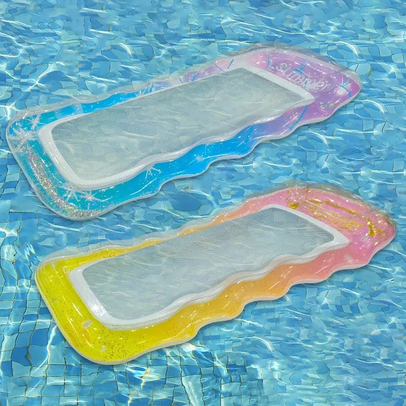 PVC inflatable floating row with thick sequins and wave gradient design in multiple colour variations