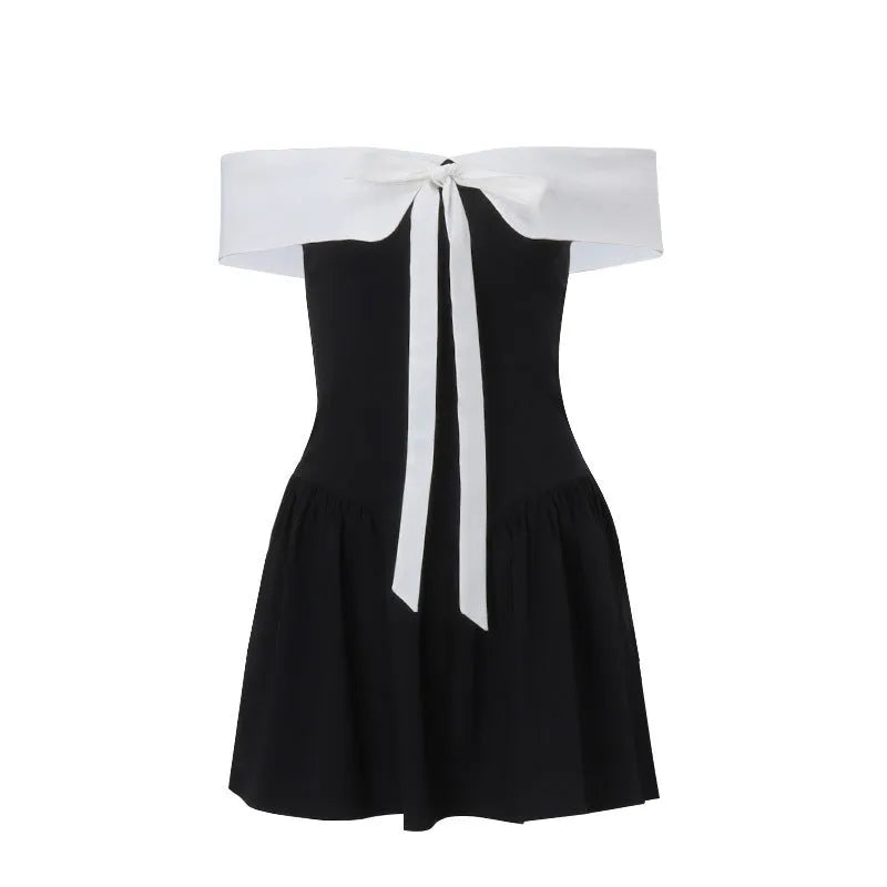 Off-shoulder bow lace-up waist trimming short-sleeved black dress with A-line skirt, high waist, short length