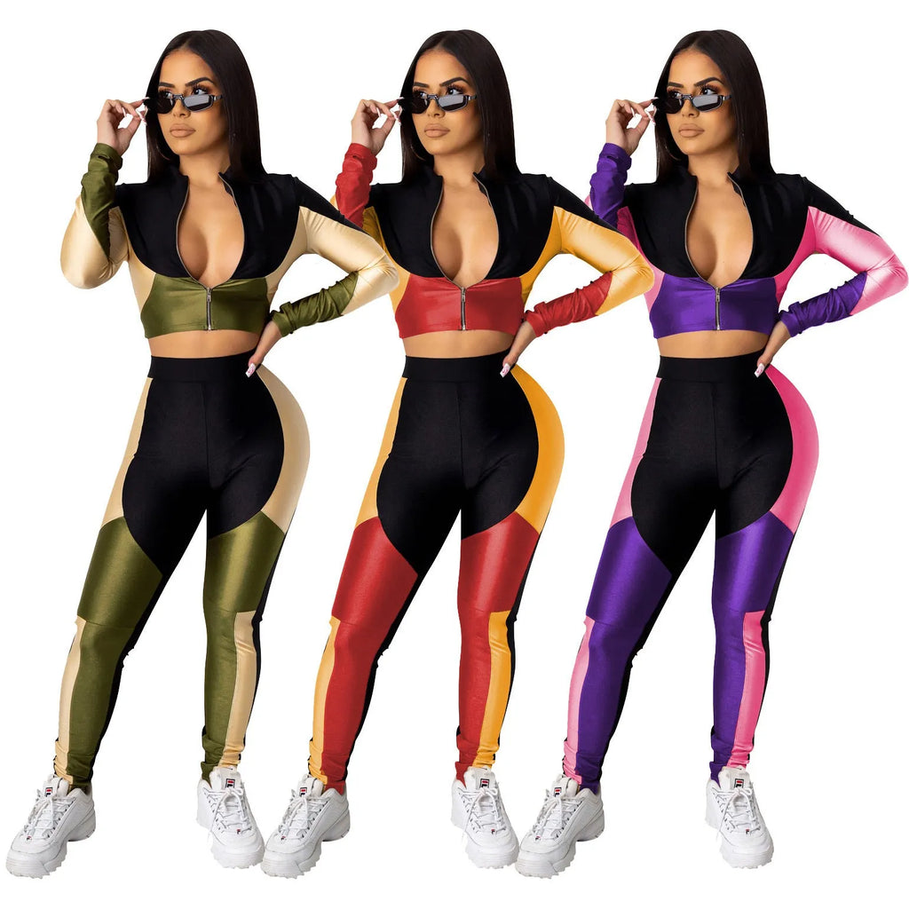 Women's three-colour stitching long-sleeved sports two-piece suit in green, red or purple, elastic satin top and trousers, sizes S-XL