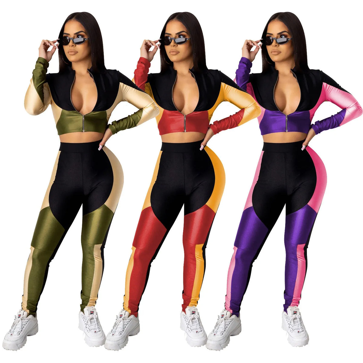Women's three-colour stitching long-sleeved sports two-piece suit in green, red or purple, elastic satin top and trousers, sizes S-XL
